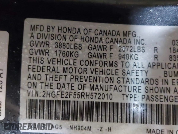 2024 Honda Civic Sport with VIN 2HGFE2F55RH572010, listed as a IAAI auction lot 41944490 with 12,157 mi miles and . Bid and sale history available at DreamBid. Image 9.