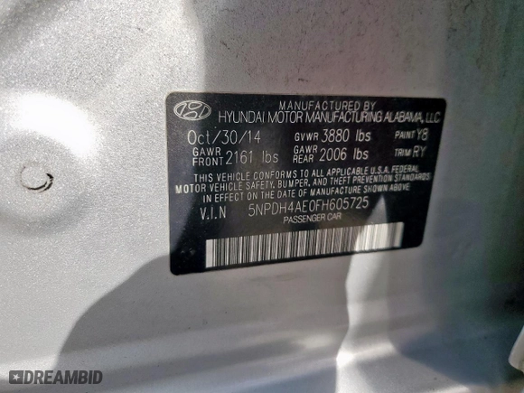 2015 Hyundai Elantra Limited with VIN 5NPDH4AE0FH605725, listed as a Copart auction lot 50882045 with 170,385 mi miles and Salvage Title. Bid and sale history available at carsss.com. Image 13.