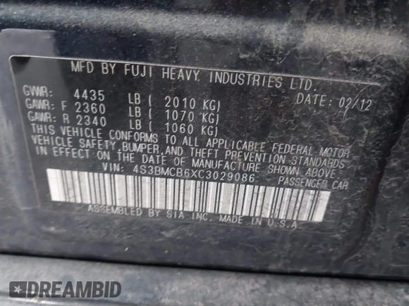 2012 Subaru Legacy Premium with VIN 4S3BMCB6XC3029086, listed as a IAAI auction lot 41671940 with 95,902 mi miles and . Bid and sale history available at DreamBid. Image 9.