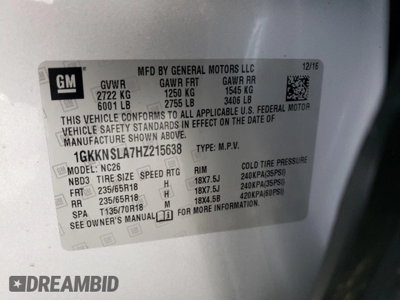 2017 GMC Acadia SLE with VIN 1GKKNSLA7HZ215638, listed as a Copart auction lot 70628704 with 114,813 mi miles and Clean Title. Bid and sale history available at carsss.com. Image 14.