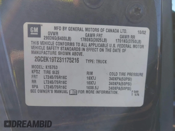 2003 Chevrolet Silverado 1500 with VIN 2GCEK19T231175216, listed as a IAAI auction lot 40819455 with 89,855 mi miles. Bid and sale history available at carsss.com. Image 9.