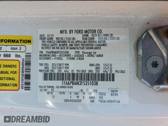 2015 Ford Mustang V6 with VIN 1FA6P8AM3F5351038, listed as a Copart auction lot 54069245 with 127,277 mi miles and Clean Title. Bid and sale history available at DreamBid. Image 12.