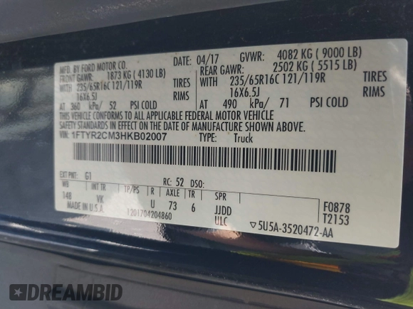 2017 Ford Transit с VIN 1FTYR2CM3HKB02007, выставлен на аукционе IAAI как лот 42561063 с пробегом 114 638 миль миль и . История ставок и продаж доступна на DreamBid. Изображение 9.