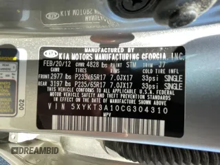 2012 Kia Sorento LX with VIN 5XYKT3A10CG304310, listed as a Copart auction lot 51162655 with 170,281 mi miles and Clean Title. Bid and sale history available at DreamBid. Image 10.