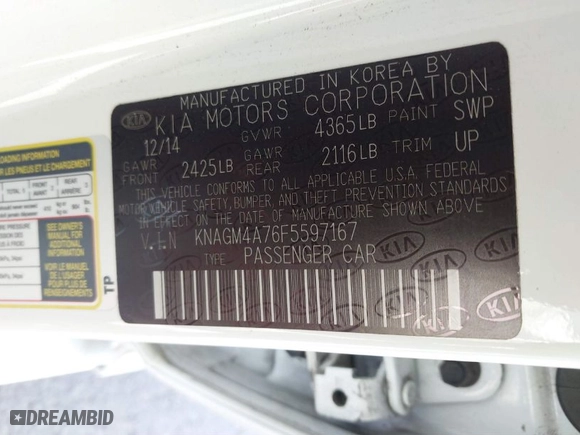 2015 Kia Optima LX with VIN KNAGM4A76F5597167, listed as a IAAI auction lot 41896660 with 82,939 mi miles. Bid and sale history available at carsss.com. Image 9.