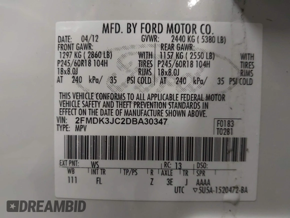 2013 Ford Edge SEL with VIN 2FMDK3JC2DBA30347, listed as a IAAI auction lot 41993643 with 112,895 mi miles. Bid and sale history available at carsss.com. Image 9.