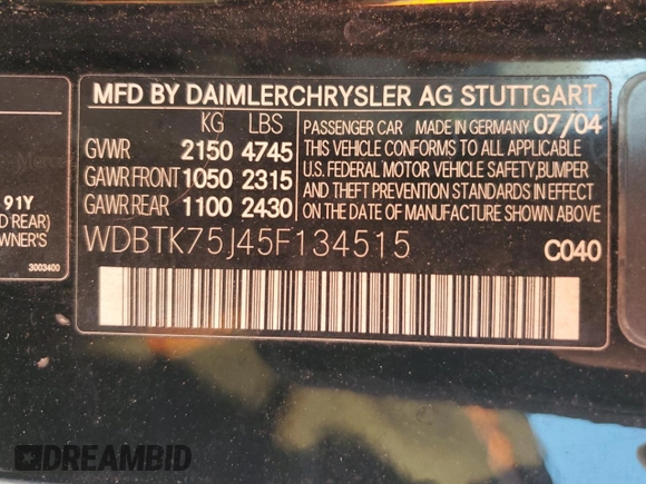 2005 Mercedes-Benz CLK 500 with VIN WDBTK75J45F134515, listed as a Copart auction lot 75918994 with Not Provided miles and Non Repairable. Bid and sale history available at DreamBid. Image 13.