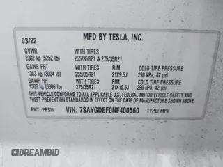 2022 Tesla Model Y Performance with VIN 7SAYGDEF0NF400560, listed as a IAAI auction lot 41783912 with 36,513 mi miles and . Bid and sale history available at DreamBid. Image 9.