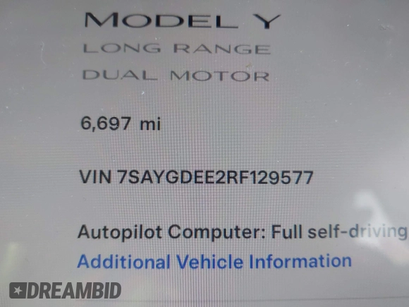 2024 Tesla Model Y Long Range with VIN 7SAYGDEE2RF129577, listed as a IAAI auction lot 41357180 with 6,697 mi miles and . Bid and sale history available at DreamBid. Image 15.