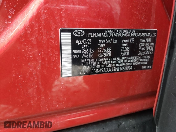 2022 Hyundai Santa Fe SEL with VIN 5NMS2DAJ3NH450914, listed as a Copart auction lot 53481955 with 23,895 mi miles and Salvage Title. Bid and sale history available at carsss.com. Image 15.
