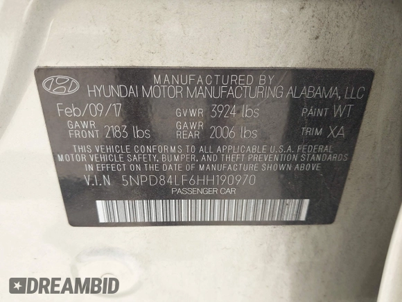 2017 Hyundai Elantra Limited with VIN 5NPD84LF6HH190970, listed as a IAAI auction lot 42342121 with 101,260 mi miles and . Bid and sale history available at DreamBid. Image 9.