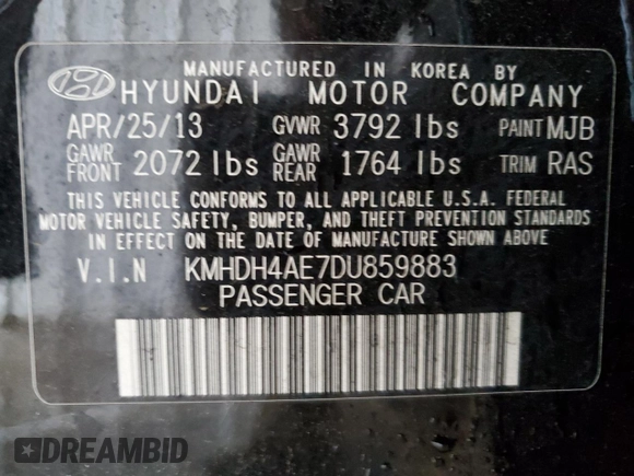 2013 Hyundai Elantra GLS z VIN KMHDH4AE7DU859883, wystawiony jako Copart lot #58296965 z przebiegiem 134 846 mil mil oraz Szkoda całkowita • Salvage title. Historia ofert i sprzedaży dostępna na DreamBid. Obrazek 12.