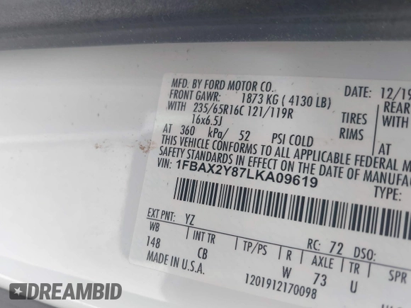 2020 Ford Transit Passenger XL with VIN 1FBAX2Y87LKA09619, listed as a IAAI auction lot 42743359 with 79,822 mi miles and . Bid and sale history available at DreamBid. Image 17.
