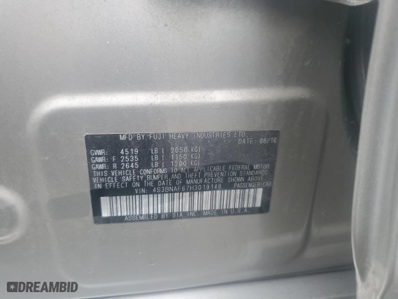 2017 Subaru Legacy Premium with VIN 4S3BNAF67H3019148, listed as a Copart auction lot 52850685 with 19,881 mi miles and Salvage Title. Bid and sale history available at carsss.com. Image 12.