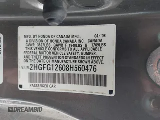 2008 Honda Civic Cpe LX with VIN 2HGFG12608H560476, listed as a IAAI auction lot 41954604 with 288,649 mi miles. Bid and sale history available at carsss.com. Image 9.