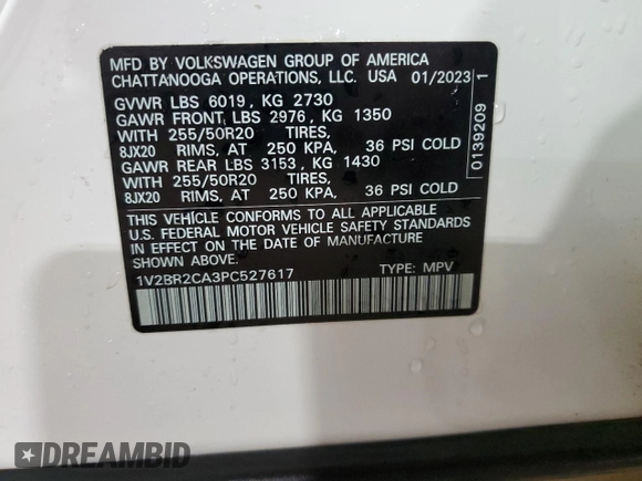 2023 Volkswagen Atlas SEL with VIN 1V2BR2CA3PC527617, listed as a Copart auction lot 85940764 with 26,971 mi miles and Salvage title. Bid and sale history available at DreamBid. Image 15.