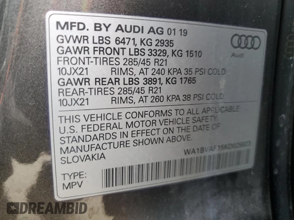 2019 Audi Q8 Premium Plus with VIN WA1BVAF15KD025823, listed as a Copart auction lot 49646583 with 59,976 mi miles. Bid and sale history available at carsss.com. Image 13.