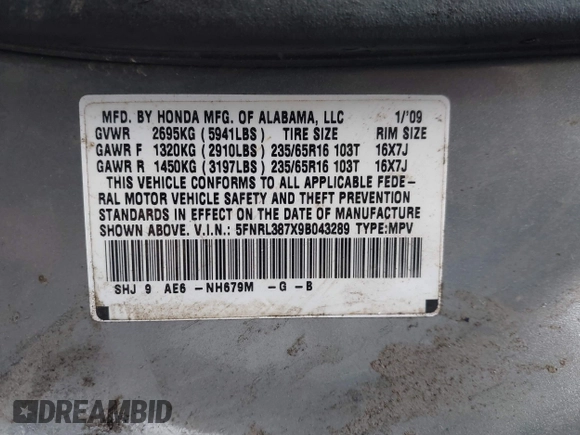 2009 Honda Odyssey EX-L with VIN 5FNRL387X9B043289, listed as a IAAI auction lot 41951208 with 197,184 mi miles and . Bid and sale history available at DreamBid. Image 9.