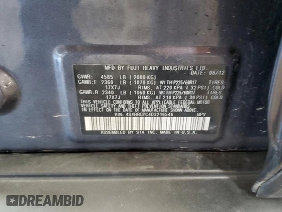 2013 Subaru Outback Limited with VIN 4S4BRCPC4D3216546, listed as a Copart auction lot 62085275 with 94,958 mi miles and Salvage title. Bid and sale history available at DreamBid. Image 12.