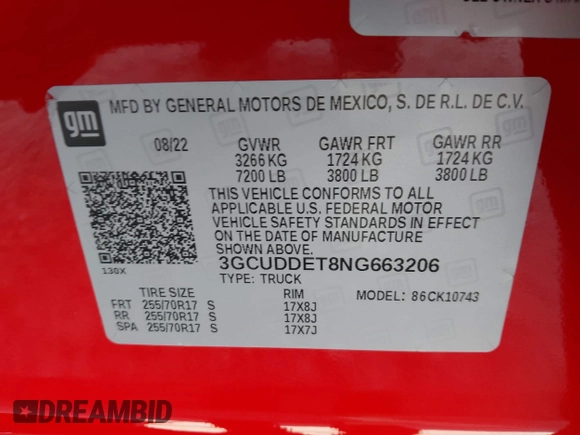 2022 Chevrolet Silverado 1500 with VIN 3GCUDDET8NG663206, listed as a IAAI auction lot 41705005 with 66,916 mi miles and . Bid and sale history available at DreamBid. Image 9.