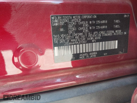 2021 Toyota Venza LE z VIN JTEAAAAH5MJ070861, wystawiony jako IAAI lot #42292206 z przebiegiem 149 505 mil mil oraz . Historia ofert i sprzedaży dostępna na DreamBid. Obrazek 9.