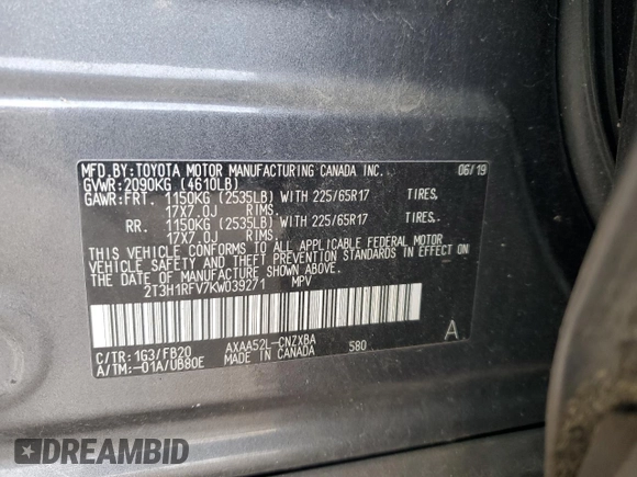 2019 Toyota RAV4 LE with VIN 2T3H1RFV7KW039271, listed as a Copart auction lot 59310205 with 132,865 mi miles and Salvage title. Bid and sale history available at DreamBid. Image 12.