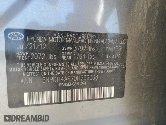 2013 Hyundai Elantra Limited with VIN 5NPDH4AE7DH202368, listed as a Copart auction lot 52707695 with 105,956 mi miles and Salvage Title. Bid and sale history available at DreamBid. Image 14.