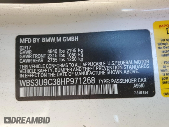 2017 BMW M4 with VIN WBS3U9C38HP971268, listed as a Copart auction lot 81133614 with 31,540 mi miles and Salvage title. Bid and sale history available at DreamBid. Image 12.
