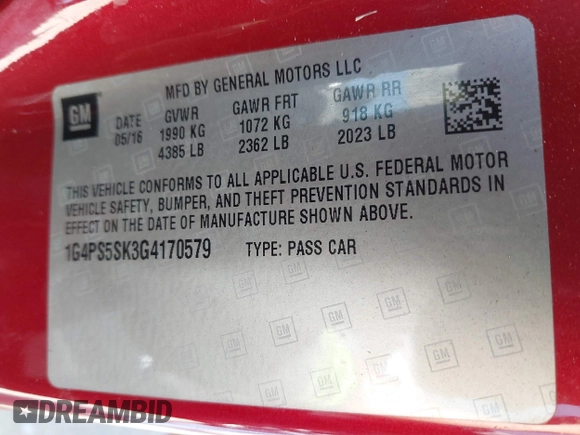 2016 Buick Verano Group with VIN 1G4PS5SK3G4170579, listed as a IAAI auction lot 42258693 with 146,026 mi miles and . Bid and sale history available at DreamBid. Image 9.