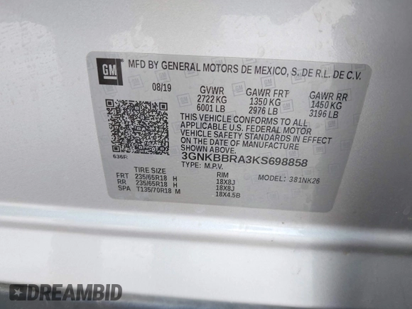 2019 Chevrolet Blazer z VIN 3GNKBBRA3KS698858, wystawiony jako IAAI lot #42270478 z przebiegiem 99 461 mil mil oraz . Historia ofert i sprzedaży dostępna na DreamBid. Obrazek 9.