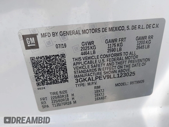 2020 GMC Terrain SLT with VIN 3GKALPEV9LL123025, listed as a IAAI auction lot 42183757 with 72,582 mi miles and . Bid and sale history available at DreamBid. Image 9.