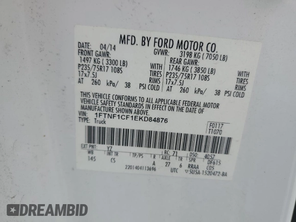 2014 Ford F-150 XL with VIN 1FTNF1CF1EKD84876, listed as a Copart auction lot 43912845 with 107,016 mi miles and Salvage title. Bid and sale history available at DreamBid. Image 12.