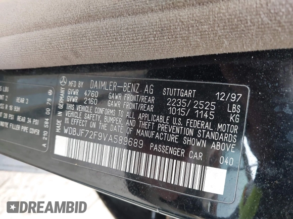 1997 Mercedes-Benz E-Class with VIN WDBJF72F9VA589689, listed as a IAAI auction lot 41929830 with 172,334 mi miles. Bid and sale history available at carsss.com. Image 9.