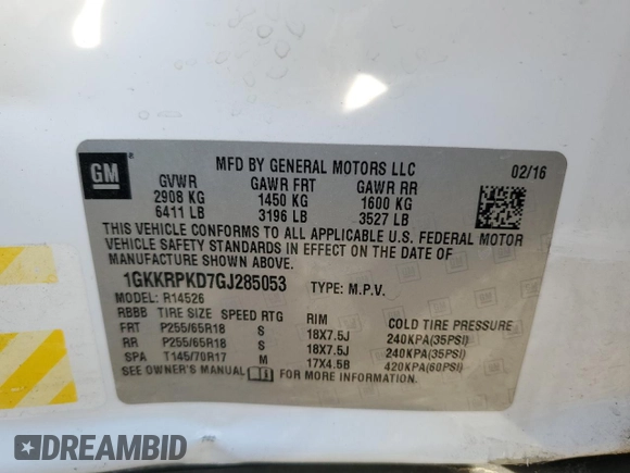 2016 GMC Acadia SLE with VIN 1GKKRPKD7GJ285053, listed as a Copart auction lot 84736704 with Not Provided miles and Salvage Title. Bid and sale history available at carsss.com. Image 14.