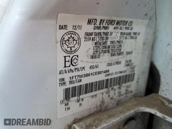 2012 Ford F-350 Platinum z VIN 1FT7W3B61CEB01488, wystawiony jako Copart lot #57675365 z przebiegiem 450 605 mil mil oraz Szkoda całkowita • Salvage title. Historia ofert i sprzedaży dostępna na DreamBid. Obrazek 12.