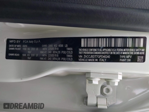 2016 Jeep Renegade Limited with VIN ZACCJBDT7GPD46240, listed as a IAAI auction lot 42329227 with 41,916 mi miles and . Bid and sale history available at DreamBid. Image 9.