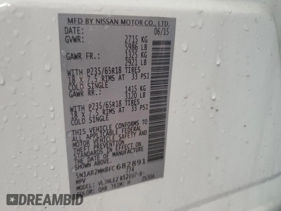2015 Nissan Pathfinder S z VIN 5N1AR2MM8FC682891, wystawiony jako Copart lot #59509385 z przebiegiem Nie podano mil oraz Nie do naprawy • Non repairable. Historia ofert i sprzedaży dostępna na DreamBid. Obrazek 14.