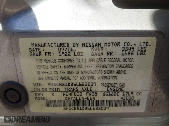 2006 Nissan Sentra S with VIN 3N1CB51D26L623009, listed as a IAAI auction lot 42137758 with 74,392 mi miles and . Bid and sale history available at DreamBid. Image 9.
