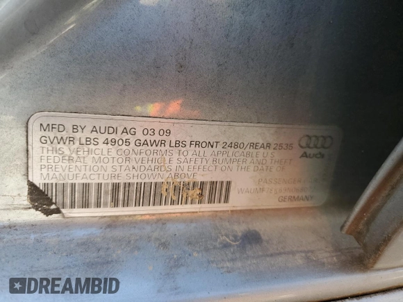 2009 Audi A4 Prestige with VIN WAUMF78K69N068072, listed as a Copart auction lot 77398064 with 147,590 mi miles and Salvage title. Bid and sale history available at DreamBid. Image 13.