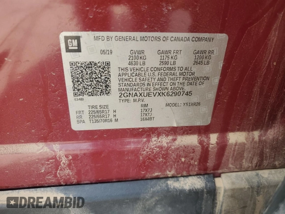 2019 Chevrolet Equinox LT with VIN 2GNAXUEVXK6290745, listed as a Copart auction lot 52259395 with 103,359 mi miles and Salvage Title. Bid and sale history available at DreamBid. Image 13.