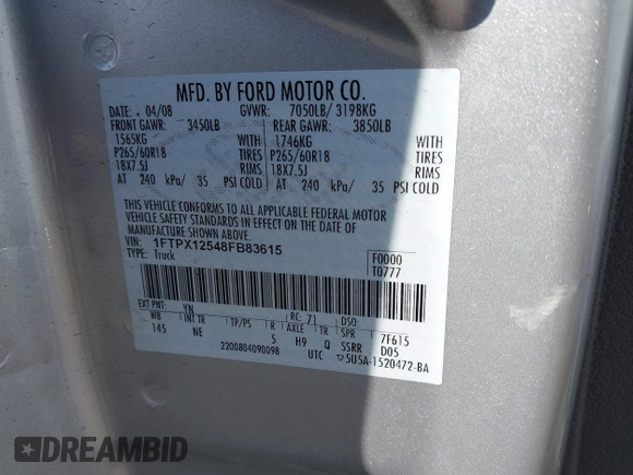 2008 Ford F-150 XL with VIN 1FTPX12548FB83615, listed as a IAAI auction lot 42019055 with 64,495 mi miles and . Bid and sale history available at DreamBid. Image 9.
