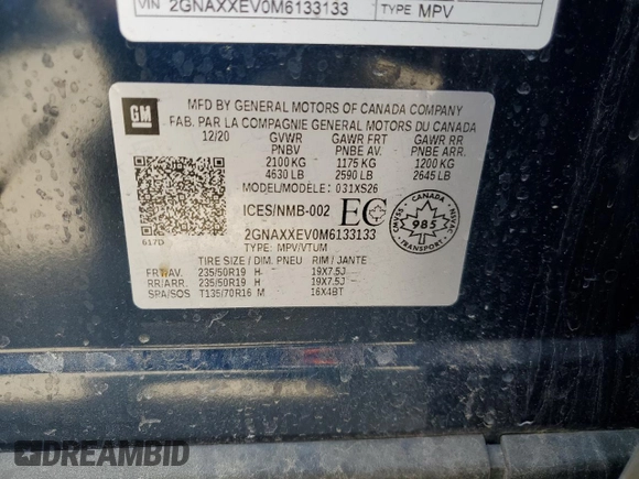 2021 Chevrolet Equinox Premier z VIN 2GNAXXEV0M6133133, wystawiony jako Copart lot #58995075 z przebiegiem 39 599 mil mil oraz Szkoda całkowita • Salvage title. Historia ofert i sprzedaży dostępna na DreamBid. Obrazek 14.