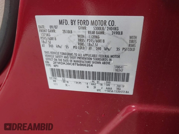 2007 Ford Edge SEL PLUS with VIN 2FMDK39C87BB66264, listed as a IAAI auction lot 41928146 with 239,702 mi miles. Bid and sale history available at carsss.com. Image 9.