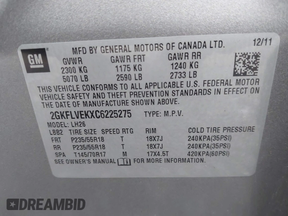 2012 GMC Terrain SLT-1 with VIN 2GKFLVEKXC6225275, listed as a IAAI auction lot 41920395 with 135,144 mi miles. Bid and sale history available at carsss.com. Image 9.