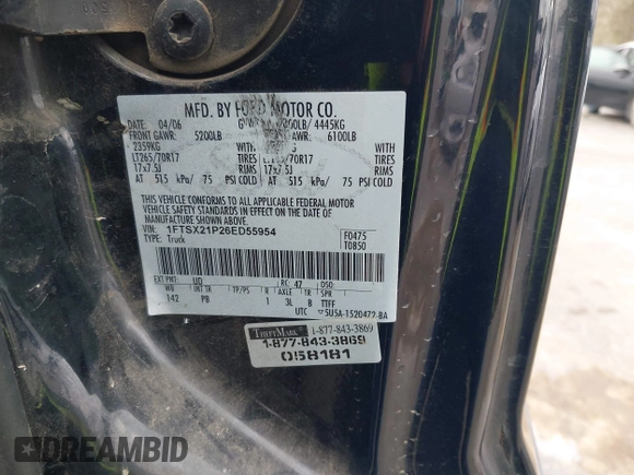 2006 Ford F-250 XL with VIN 1FTSX21P26ED55954, listed as a IAAI auction lot 41694728 with Not provided miles and . Bid and sale history available at DreamBid. Image 9.