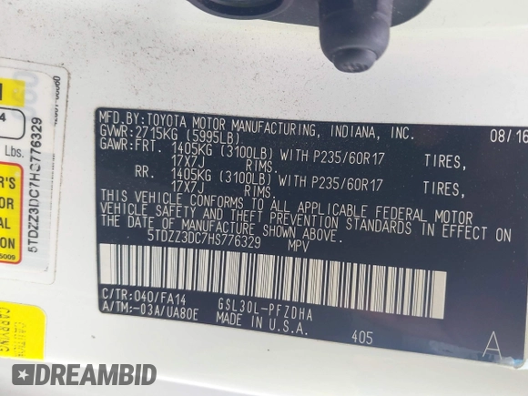 2017 Toyota Sienna L with VIN 5TDZZ3DC7HS776329, listed as a IAAI auction lot 41743217 with 141,181 mi miles and . Bid and sale history available at DreamBid. Image 9.