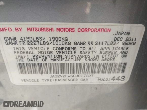 2012 Mitsubishi Lancer SE z VIN JA32V2FW5CU017227, wystawiony jako IAAI lot #42439904 z przebiegiem 110 744 mil mil oraz . Historia ofert i sprzedaży dostępna na DreamBid. Obrazek 9.