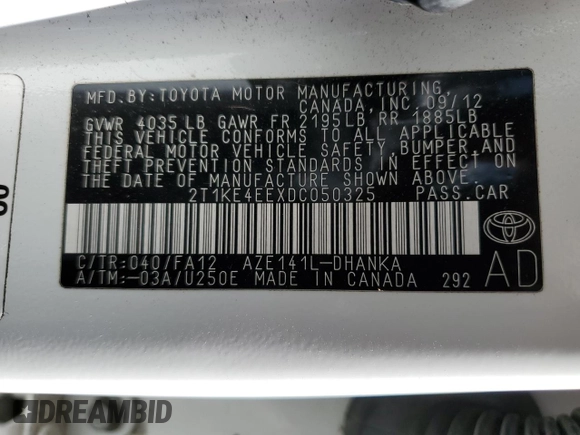 2013 Toyota Matrix S with VIN 2T1KE4EEXDC050325, listed as a Copart auction lot 54090304 with 145,025 mi miles and Salvage title. Bid and sale history available at DreamBid. Image 12.