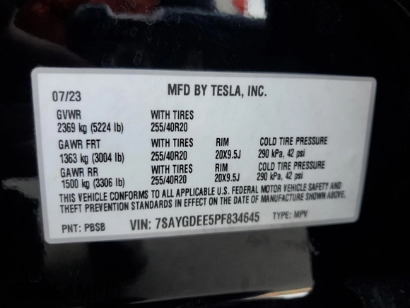 2023 Tesla Model Y Long Range with VIN 7SAYGDEE5PF834645, listed as a Copart auction lot 48596925 with 26,896 mi miles and Salvage Title. Bid and sale history available at DreamBid. Image 14.