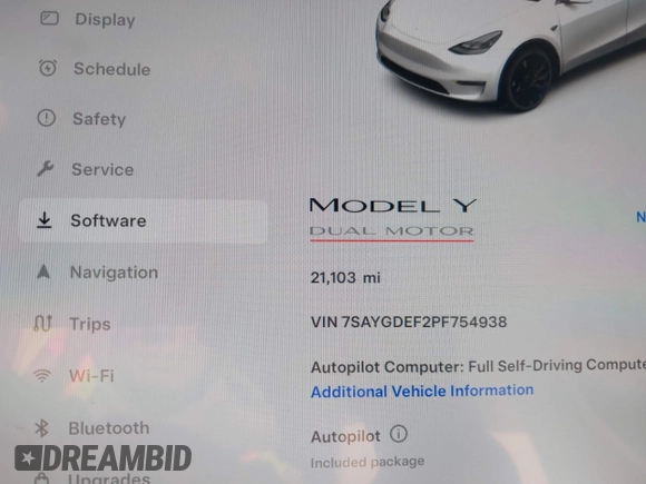 2023 Tesla Model Y Performance with VIN 7SAYGDEF2PF754938, listed as a IAAI auction lot 42067041 with 21,103 mi miles and . Bid and sale history available at DreamBid. Image 15.